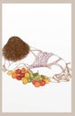 Woman lying down and lined with fruit